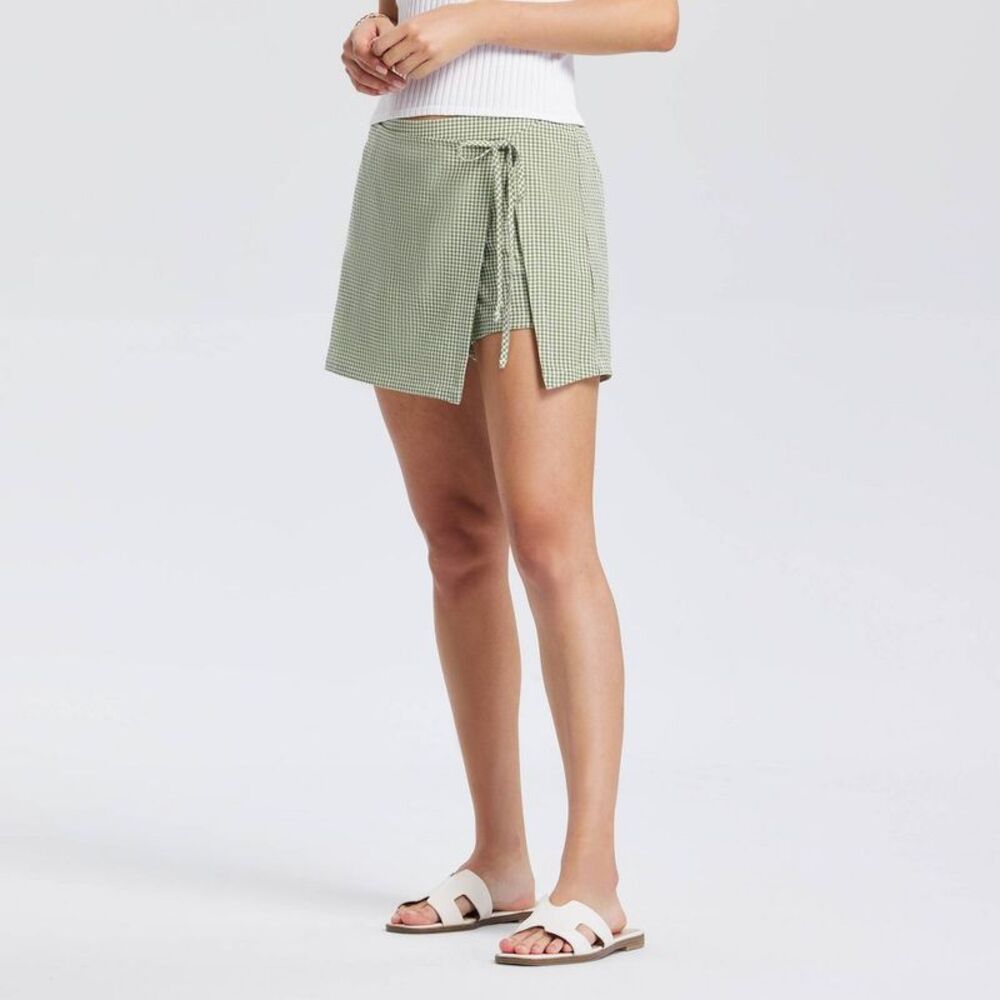 Women's Asymmetric Side-Tie Mini Skort - A New Day Light Green Gingham Check XXL